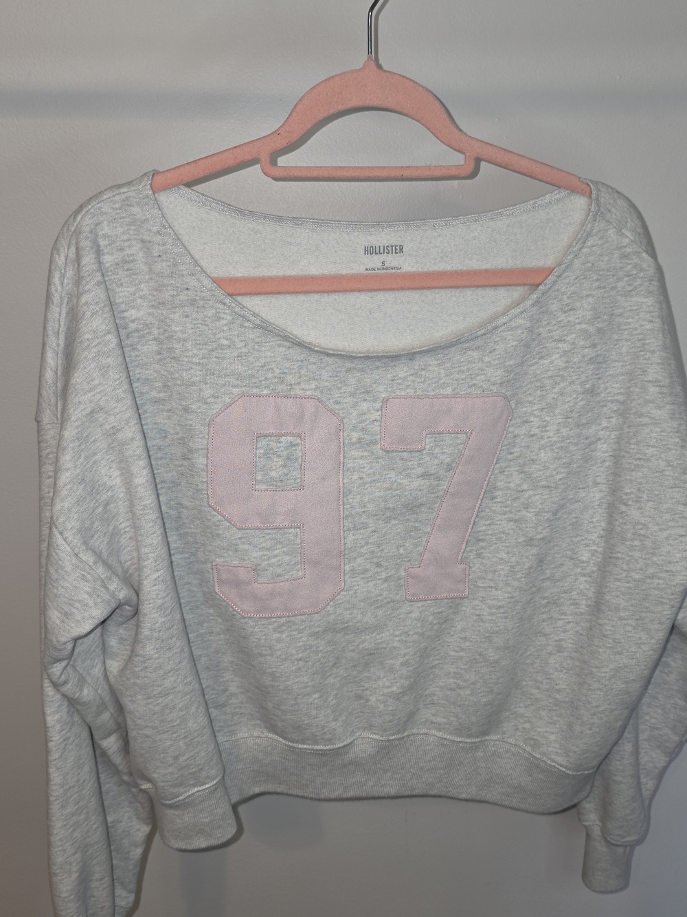 Hollister Light Gray Crewneck Sweatshirt with Pink '97 Patch